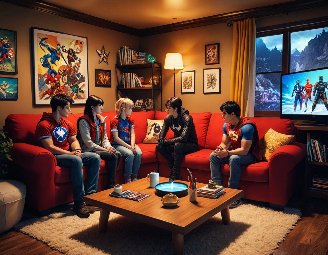 A vibrant collage of popular anime characters interacting with beloved cartoon characters in a dynamic, digital environment. Include streaming icons and a cozy family setting with a TV in the background. Superhero and magical themes blend together in an energetic mix. super-realistic. vibrant colors.