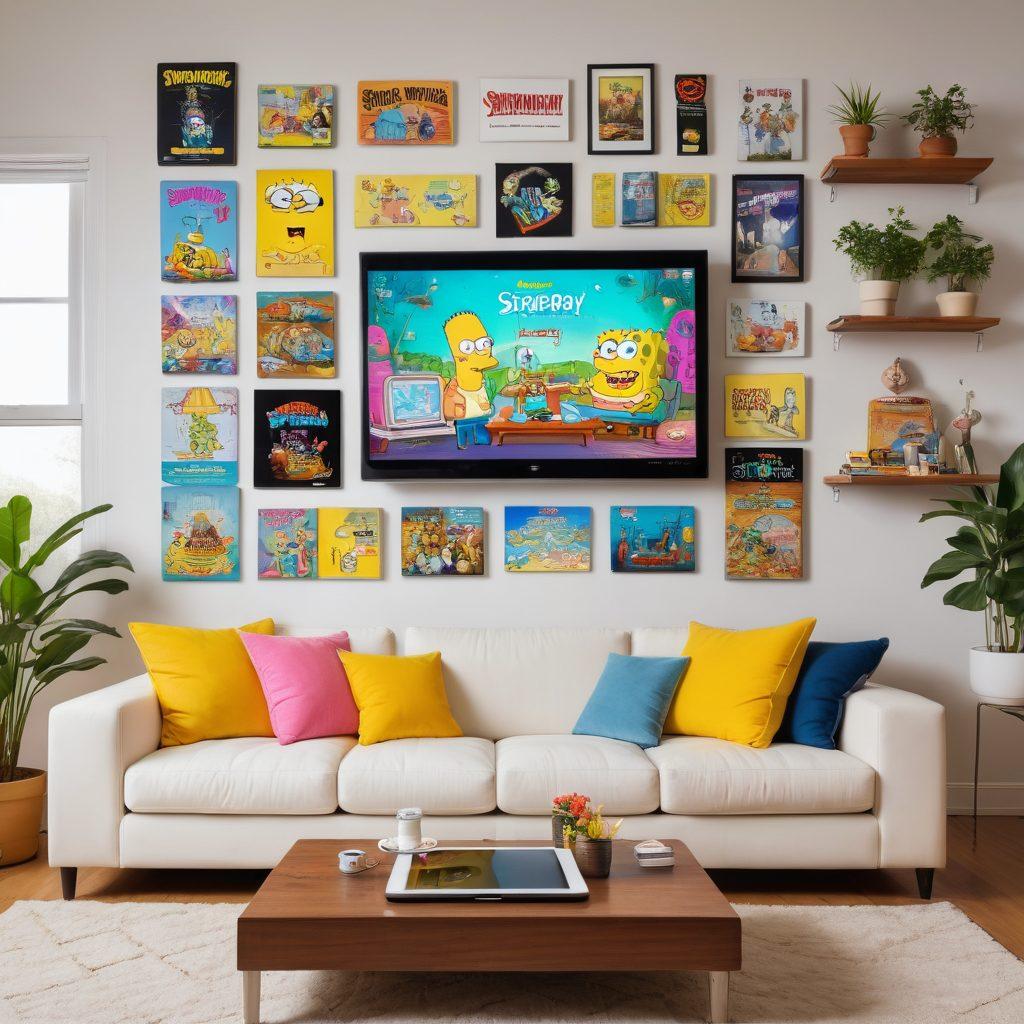 A cozy living room setting with a person lounging on a sofa, holding a tablet showing a streaming platform interface, surrounded by iconic animated characters like SpongeBob, Simpsons, and Rick & Morty in a fun, engaging manner. The background includes aspects like a TV, shelves with DVDs, and posters of various animated series on the wall. vibrant colors. super-realistic. white background.