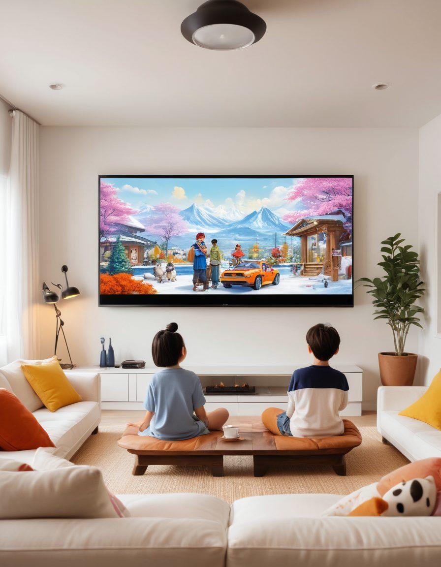 A cozy living room with family members of all ages gathered around a large screen, excitedly watching vivid and colorful cartoon and anime characters come to life. The atmosphere should be warm and inviting, with a mix of nostalgic and modern elements to represent various eras of animation. The screen could show a blend of classic and contemporary characters, appealing to both kids and adults. super-realistic. vibrant colors. white background.